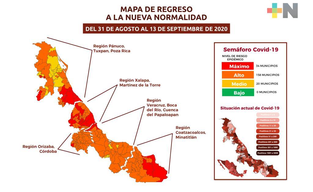 En Veracruz, 34 municipios permanecen en color rojo, 158 en naranja y 20 en amarillo
