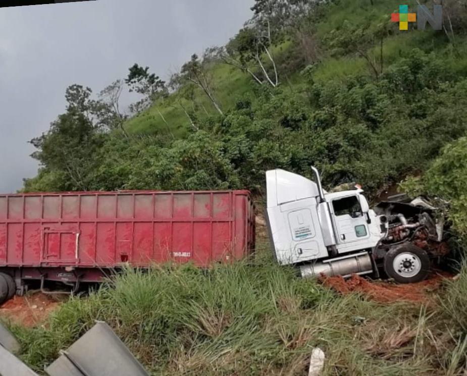 Tráiler con soya se salió de la carretera Las Choapas-Ocozocoutla