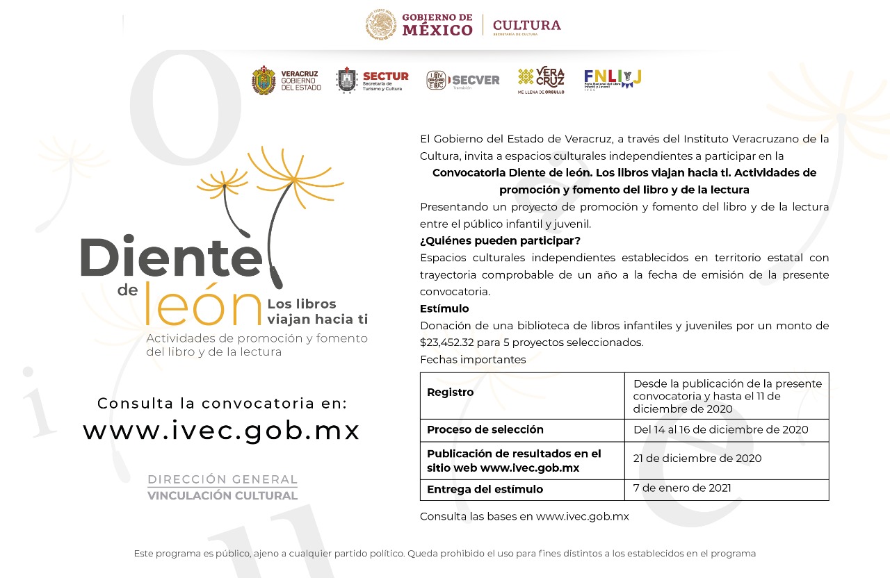 Presenta IVEC la Convocatoria Diente de león. Los libros viajan hacia ti, para espacios culturales independientes