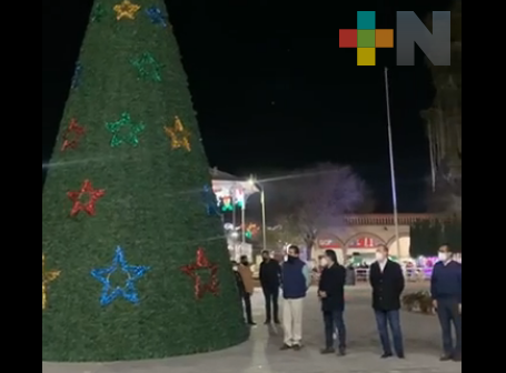 Con sana distancia, encienden árbol navideño en Perote