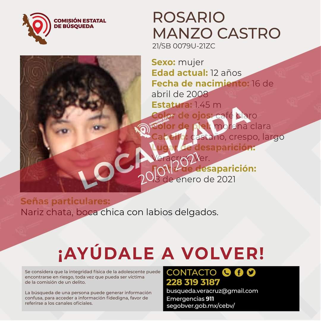 Comisión Estatal de Búsqueda confirma localización de la niña Rosario Manzo Castro