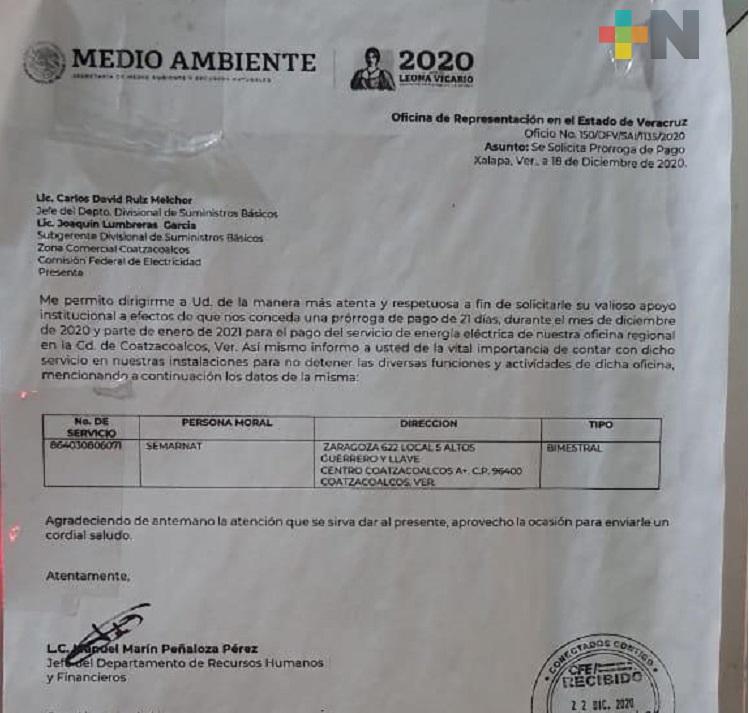 Semarnat delegación Coatzacoalcos solicita a CFE prórroga para pagar adeudo pendiente