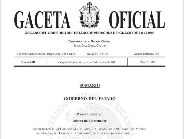 El Gobernador de Veracruz decreta el año 2021 como los “200 años del México Independiente: Tratados de Córdoba”