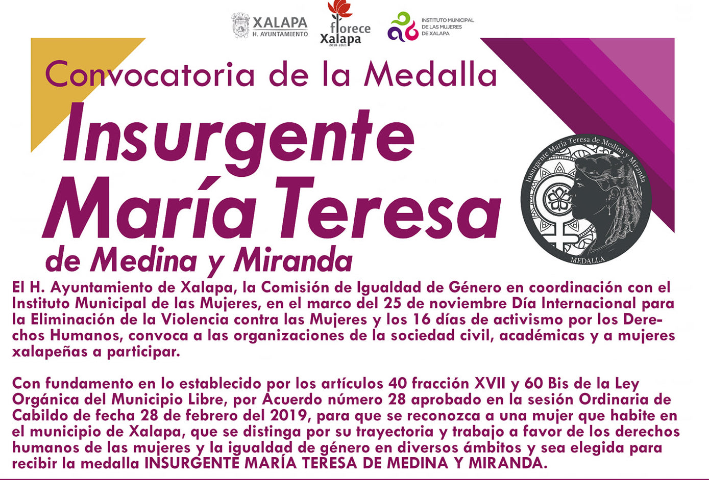Ayuntamiento de Xalapa lanzó convocatoria para Medalla Insurgente María Teresa de Medina y Miranda