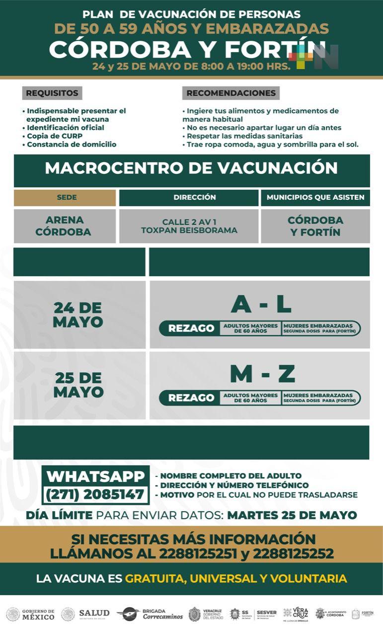 En complejo deportivo El Mexicano vacunarán a personas de 50 a 59 años y embarazadas de Córdoba y Fortín