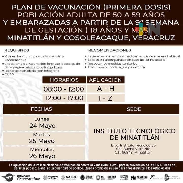 Lunes 24 de mayo iniciará  vacunación anticovid en personas de 50 a 59 años y embarazadas en Minatitlán y Cosoleacaque