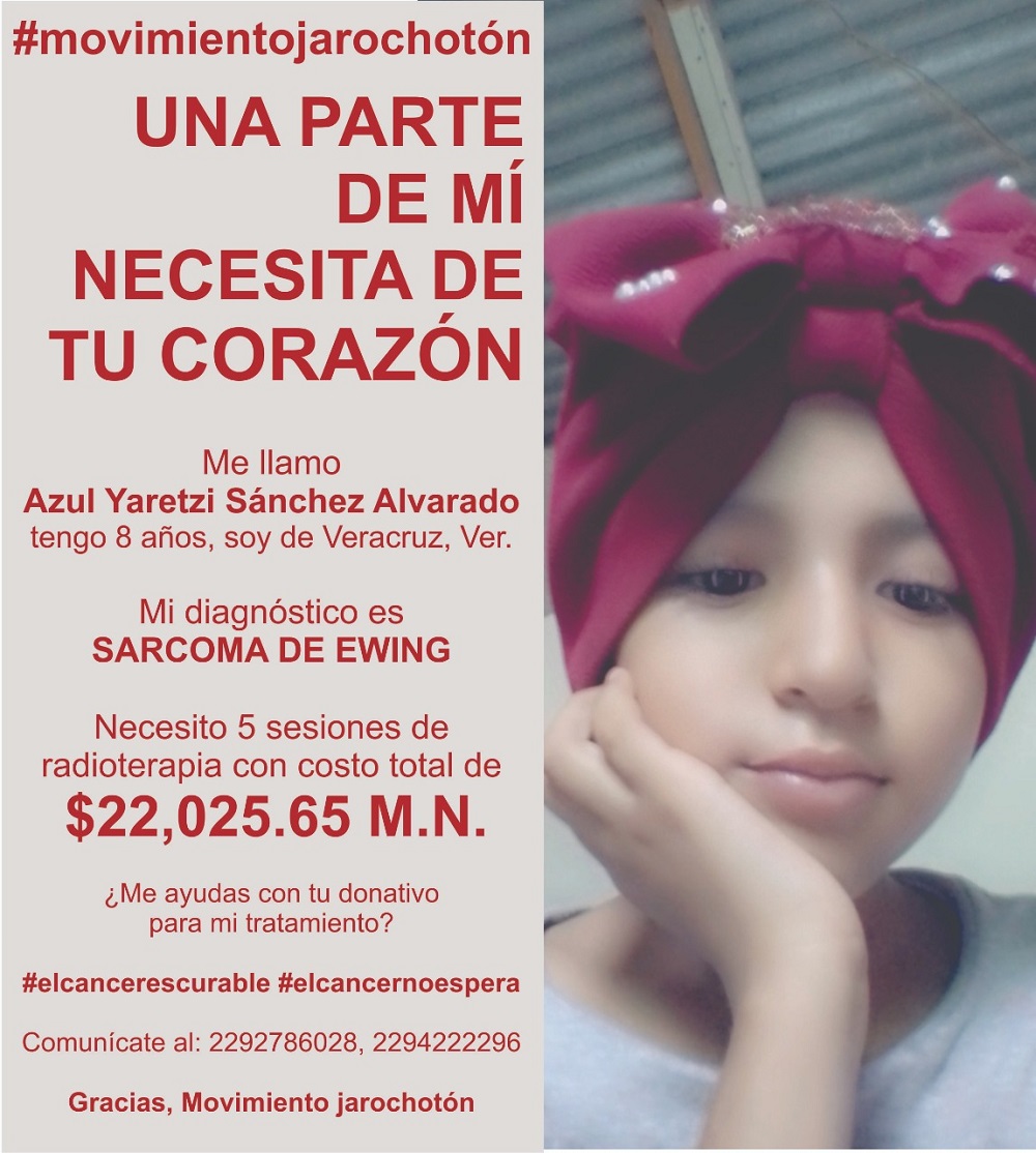 Piden apoyo para pagar radioterapias de Azul Yaretzi, niña de 8 años con sarcoma de Ewing