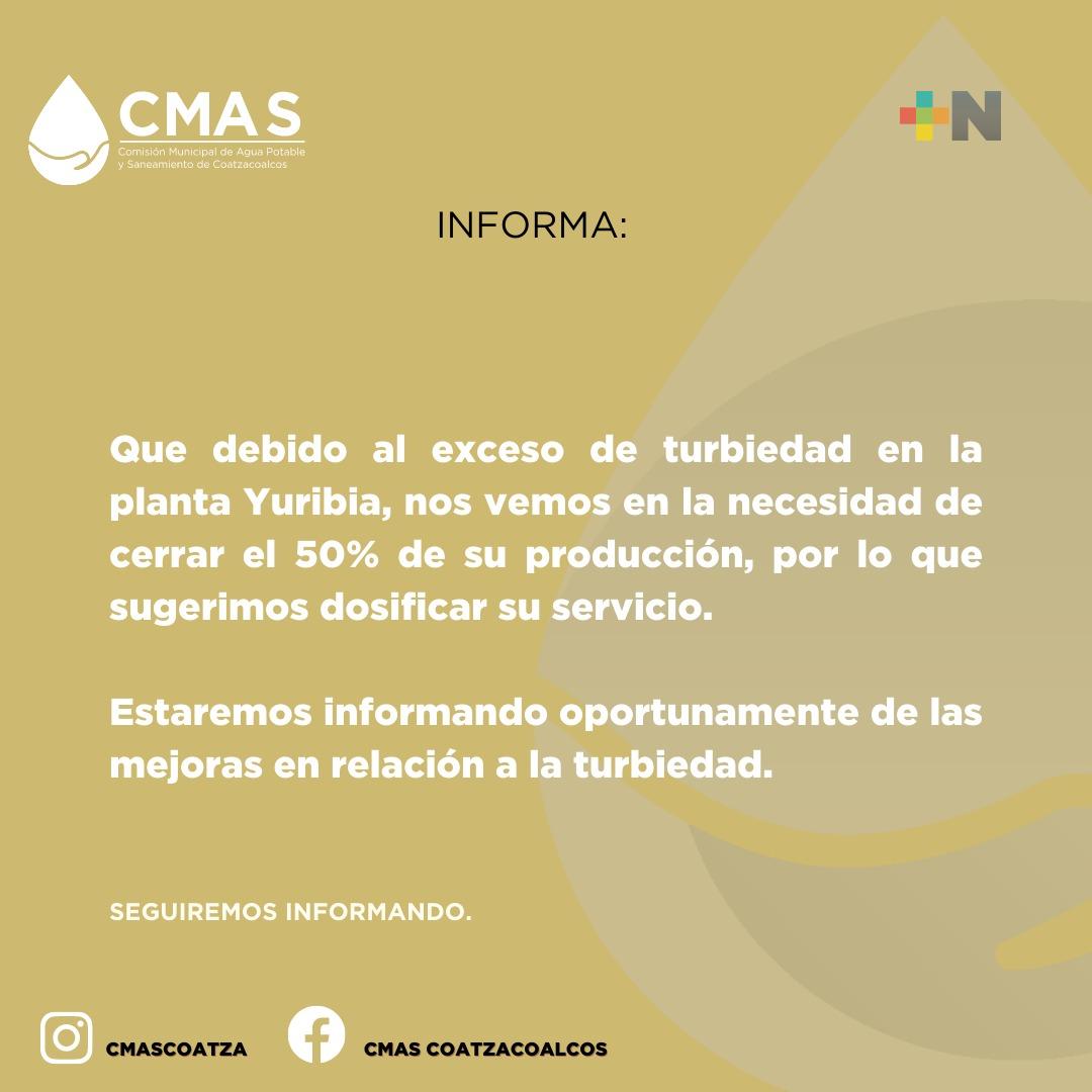 Por turbiedad en agua, CMAS Coatzacoalcos cerrará presa Yuribia