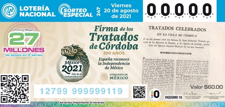 Exitosa venta del billete de la Lotería conmemorativo de los Tratados de Córdoba; 20 de agosto será el sorteo
