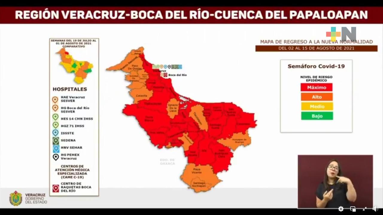 Municipios aledaños a la ciudad de Veracruz con nivel de riesgo epidemiológico máximo
