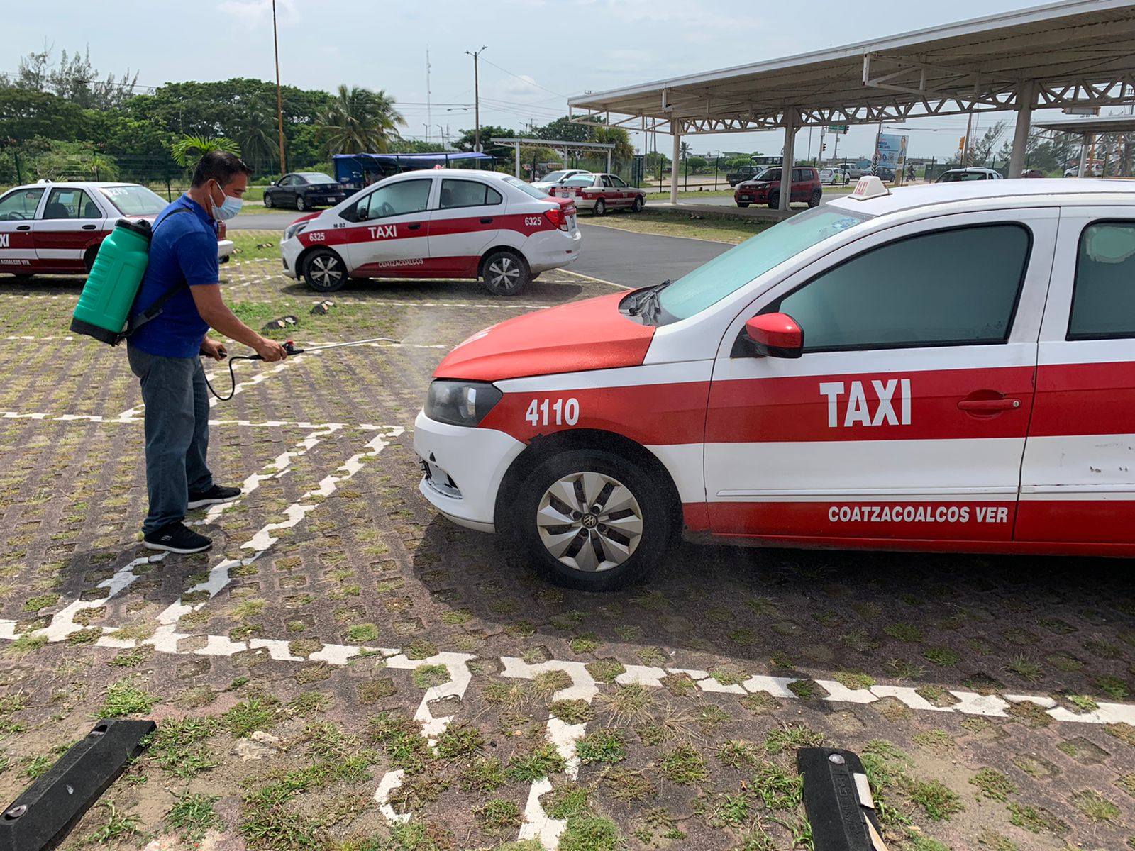 Para reducir los contagios de coronavirus, taxistas sanitizan sus unidades