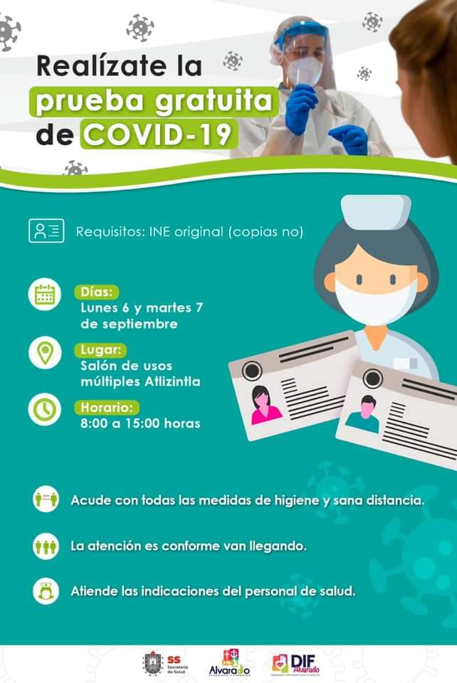 Aplicarán pruebas gratuitas de COVID-19 a pobladores del municipio de Alvarado