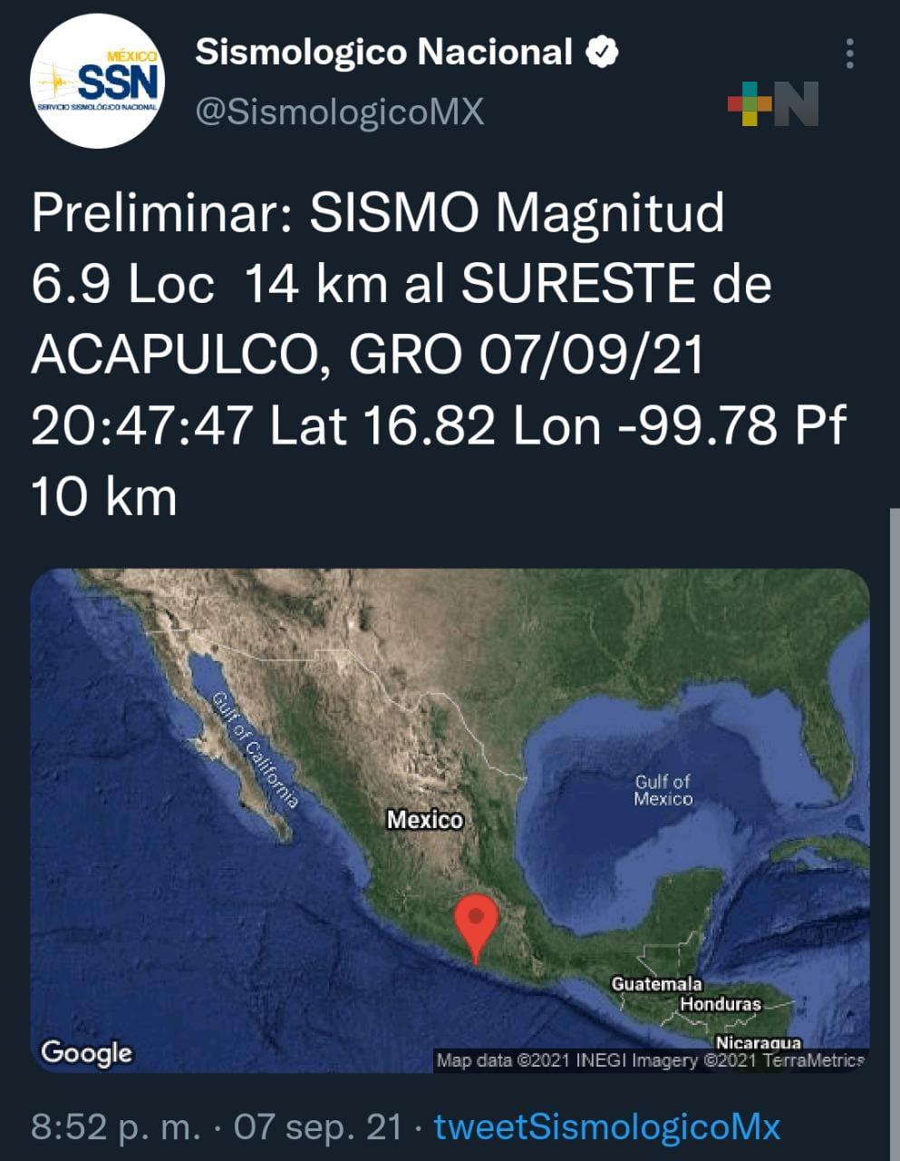 Se reporta sismo de magnitud 6.9 con epicentro en Acapulco, Guerrero
