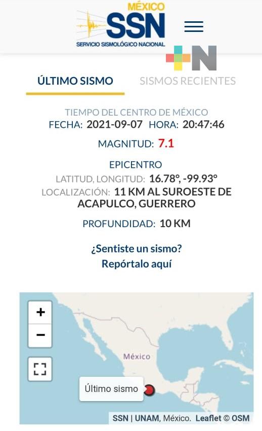 Actualiza SSN reporte de sismo a 7.1 de magnitud al suroeste de Acapulco