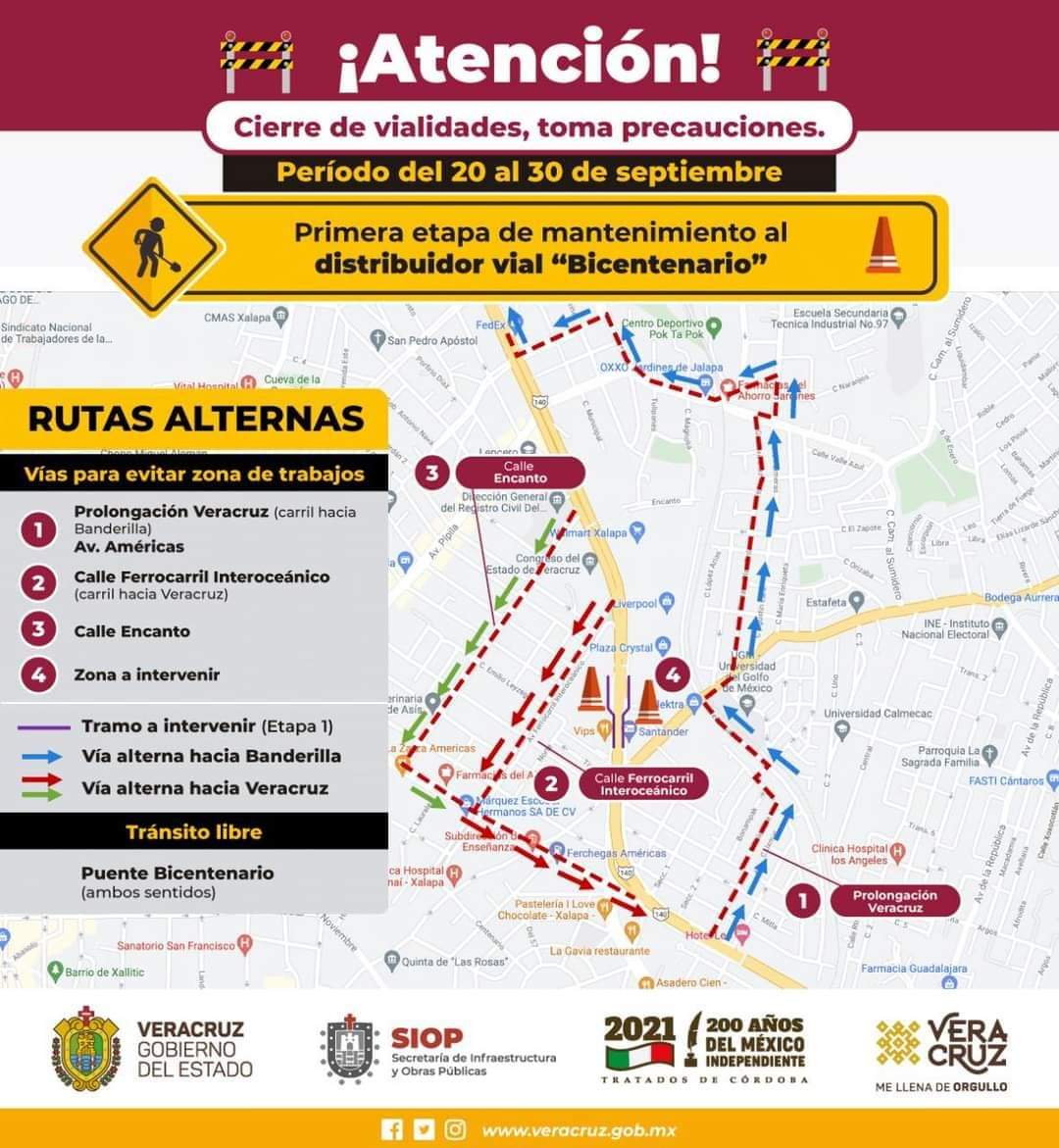 Del 20 al 30 de septiembre, se harán cierres viales en Xalapa