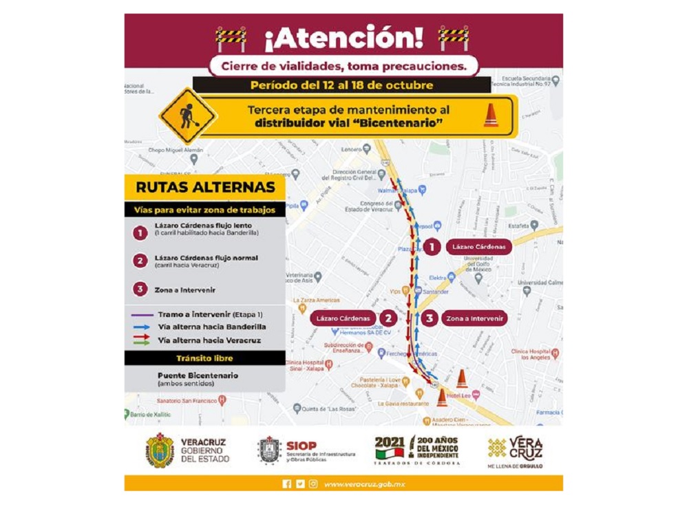 SIOP continúa con mantenimiento de distribuidor vial Bicentenario de Xalapa