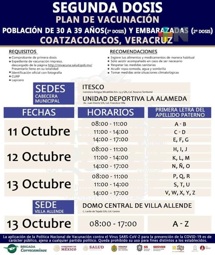Del 11 al 13 de octubre aplicarán segunda dosis de vacuna anticovid a mayores de 30 años en Coatzacoalcos