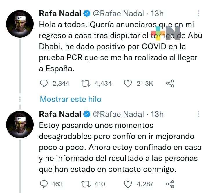 Anuncia Rafael Nadal que dio positivo a Covid-19
