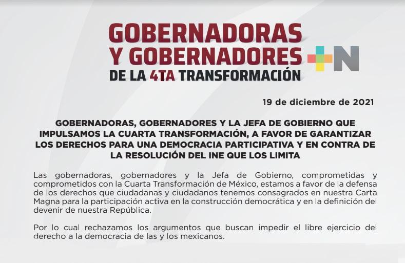 Gobernadoras y gobernadores de MORENA cierran filas contra INE por suspensión de Revocación de Mandato
