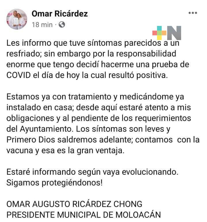 Alcalde de Moloacán dio positivo a Covid; atiende asuntos municipales desde casa