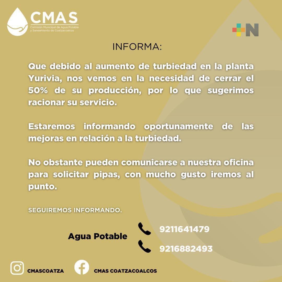 CMAS Coatzacoalcos cierra parcialmente presa Yuribia por turbiedad en