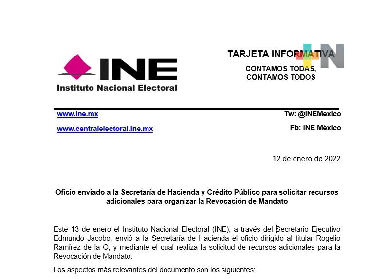 INE solicita a Hacienda recursos adicionales para organizar la Revocación de Mandato