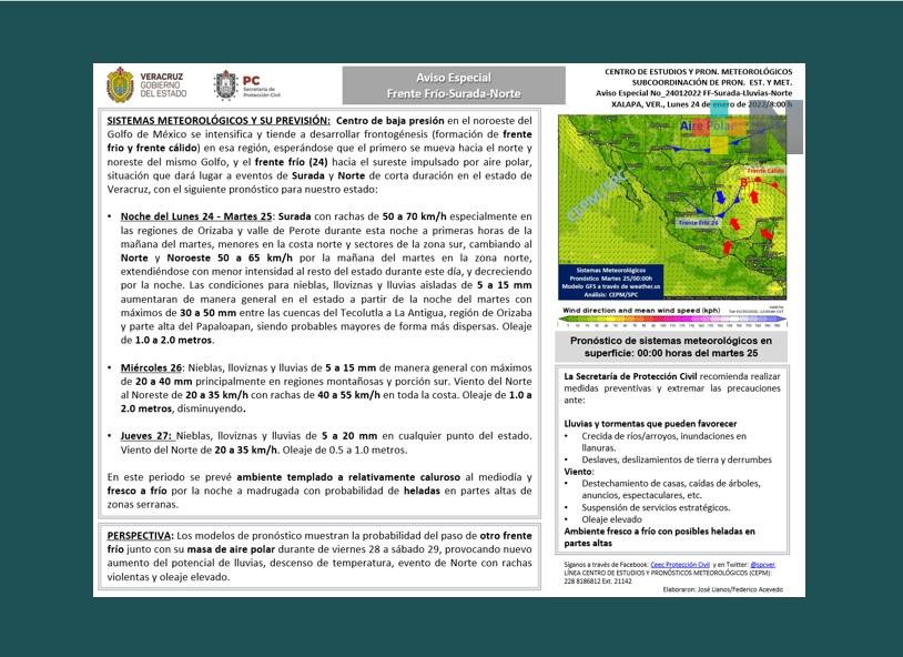 Aviso especial por Surada-Frente Frío #24:  PC Estatal