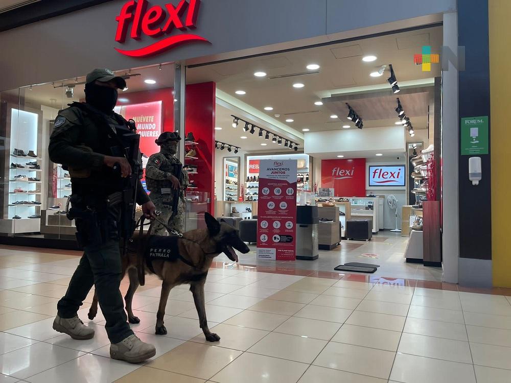 Con binomios caninos K-9 aplican operativos dentro de plazas comerciales de Coatzacoalcos