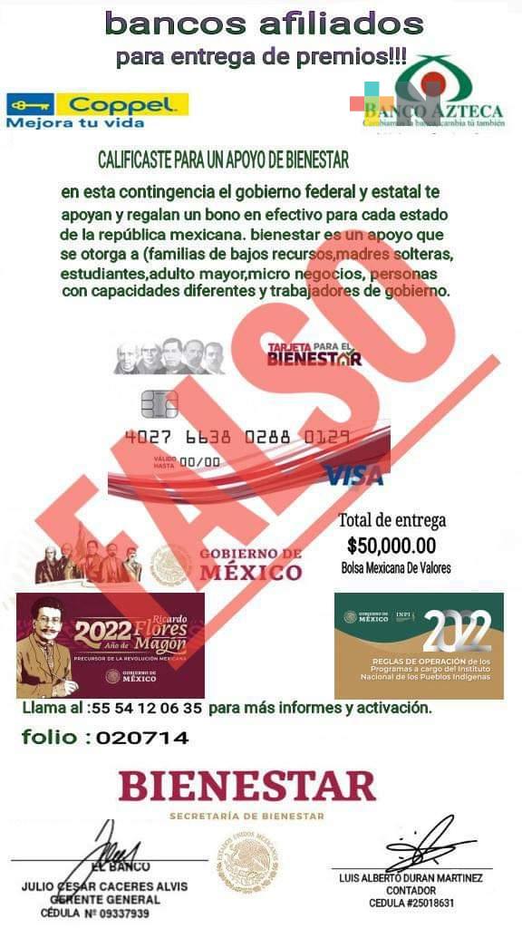 Alerta Bienestar por fraudes financieros