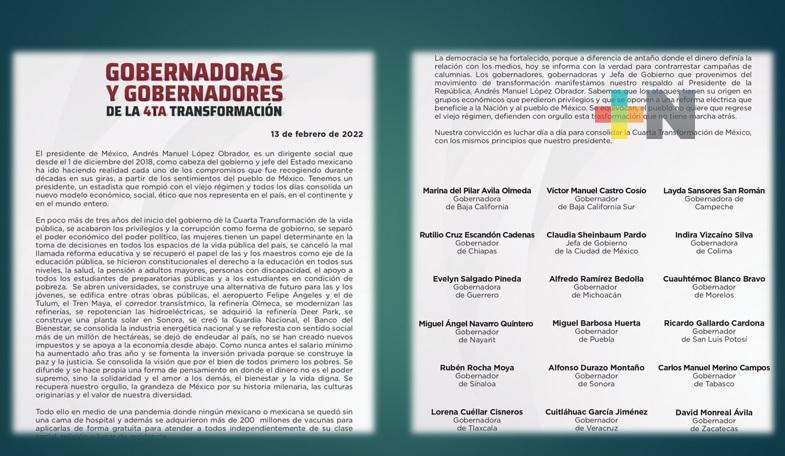 Gobernadoras y gobernadores morenistas apoyan al presidente López Obrador