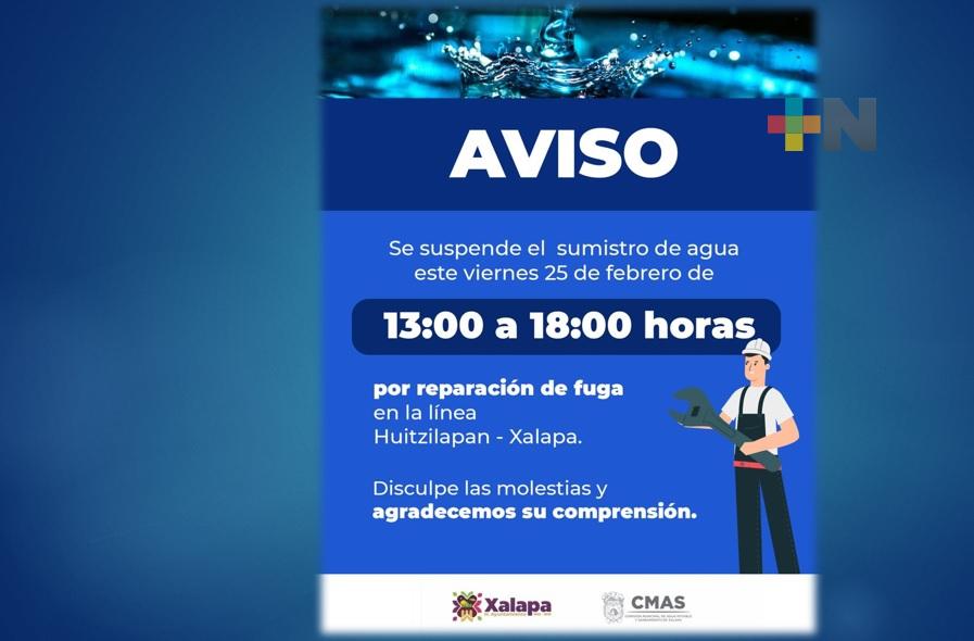 Anuncia CMAS suspensión de servicio de agua, en Xalapa