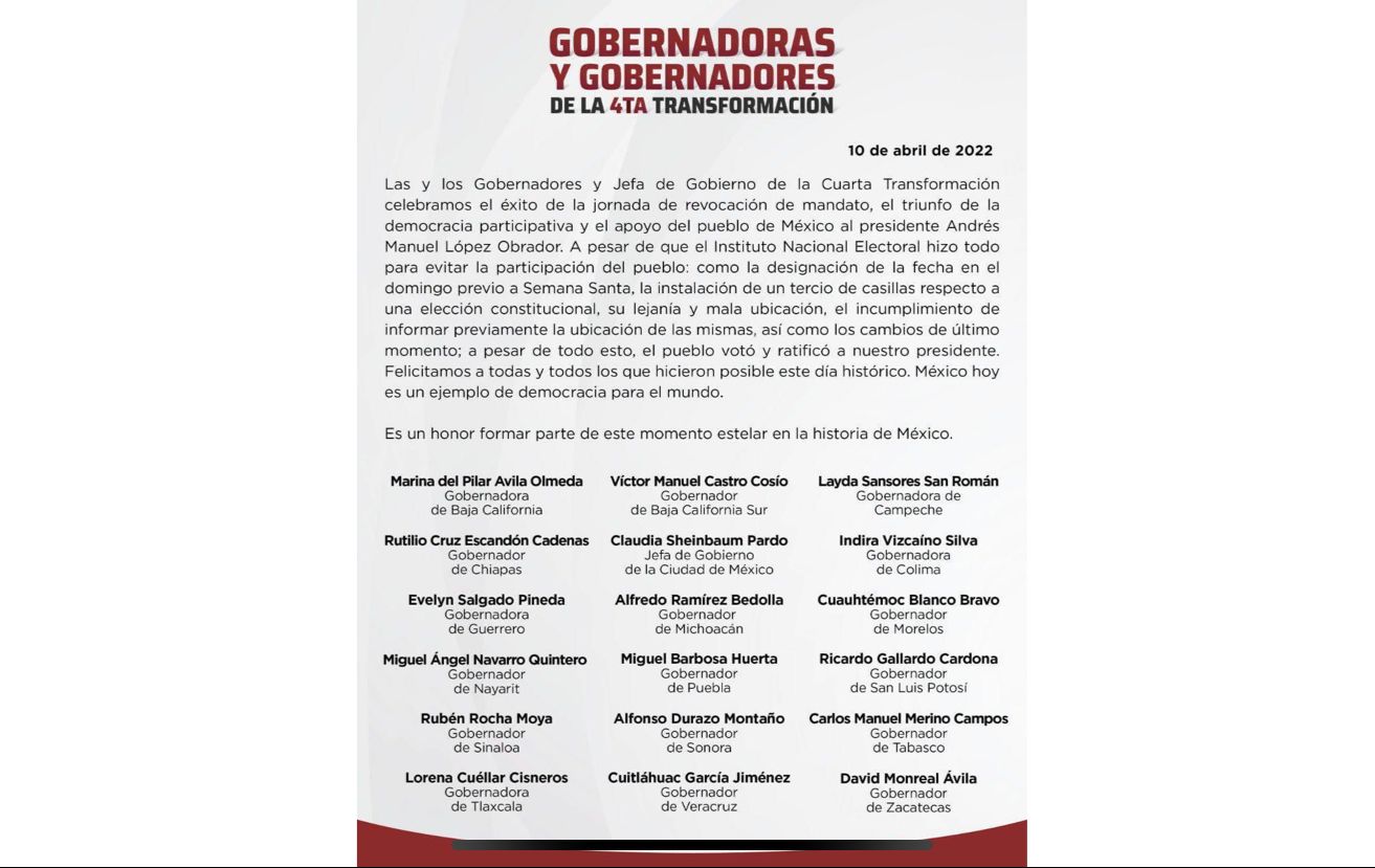 Satisface la consulta de Revocación de Mandato a gobernadores emanados de Morena