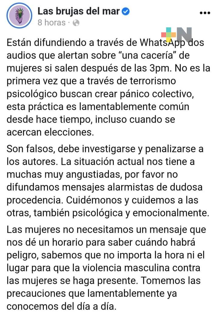 Feministas desmienten mensaje que circula en redes para amenazar mujeres y causar pánico
