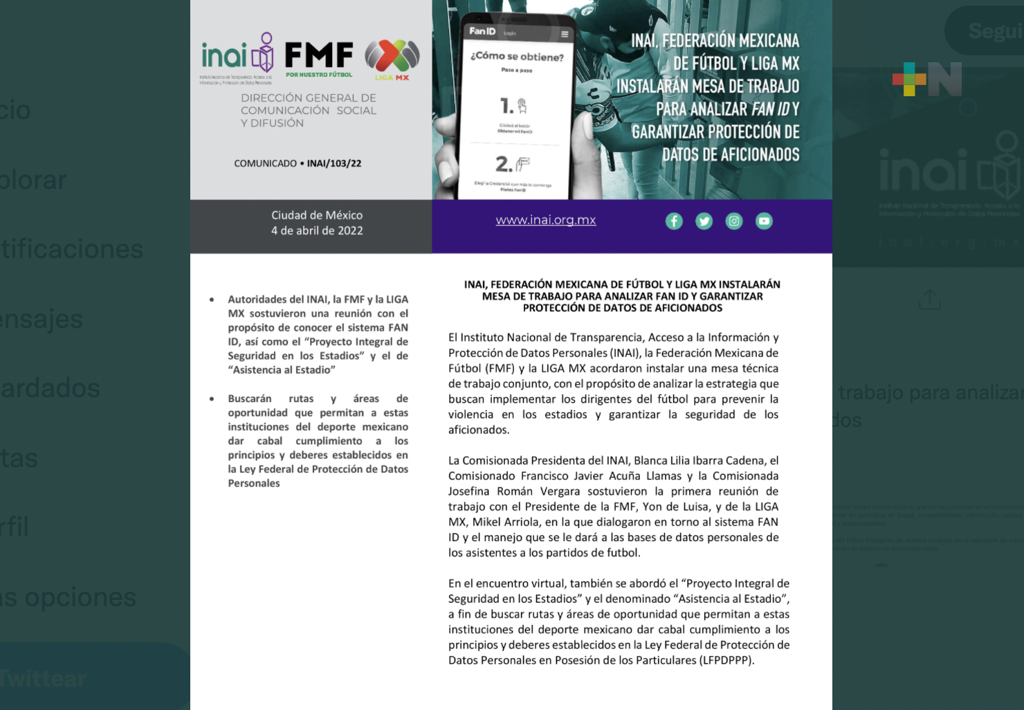 INAI, Femexfut y Liga MX instalarán mesa de trabajo para analizar «Fan ID» y garantizar protección de datos de aficionados