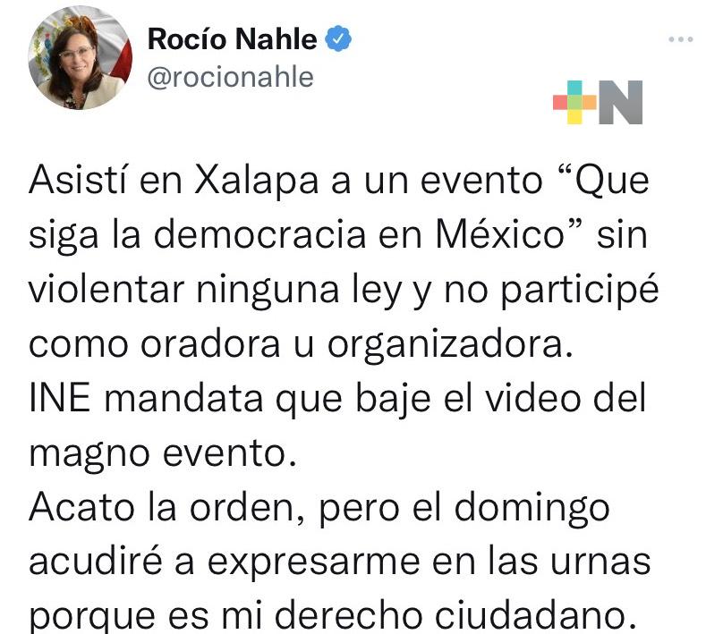 Ante sanción del INE, Rocío Nahle responde; «es mi derecho, acudiré a expresarme en las urnas»