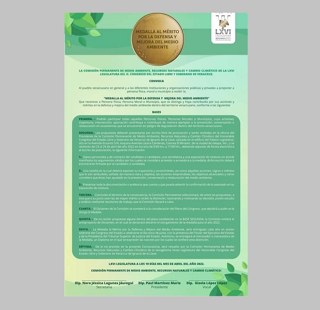 Este viernes cierra registro de aspirantes a la “Medalla al mérito por la defensa y mejora del medio ambiente 2022”
