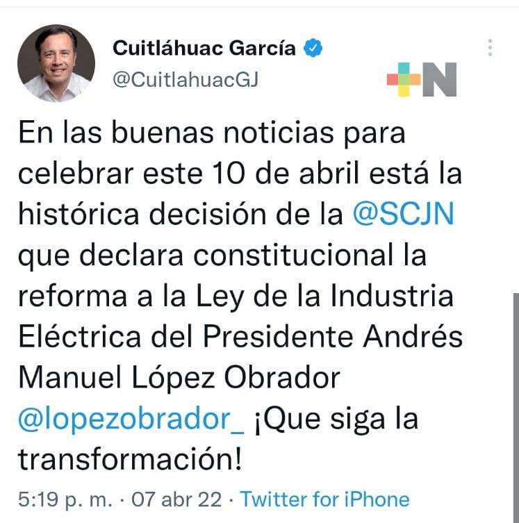 Celebra Cuitláhuac García declaración de constitucionalidad de Reforma Eléctrica por la Corte