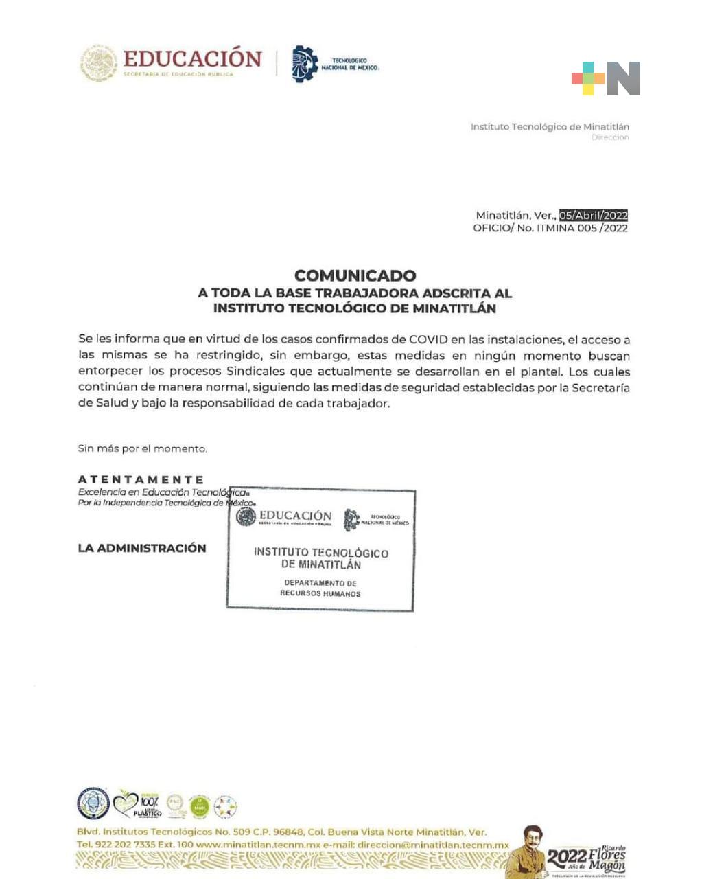 Por casos positivos de Covid, Tecnológico de Minatitlán suspende actividades