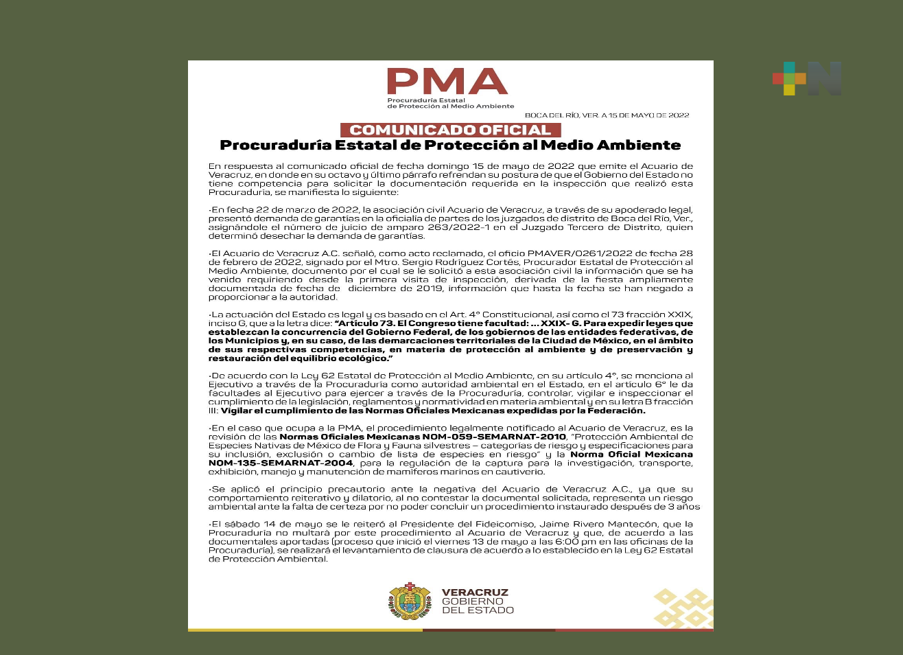 Intervención del Estado en caso del Acuario está apegada a legalidad: PMA