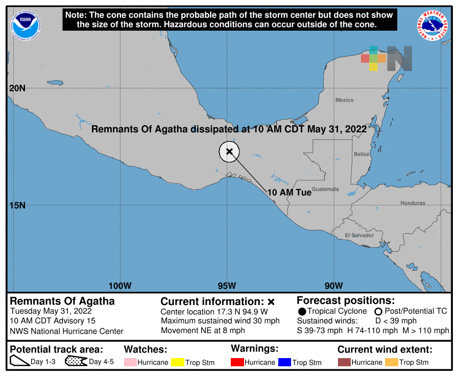 «Agatha» se degrada a Baja Presión Remanente