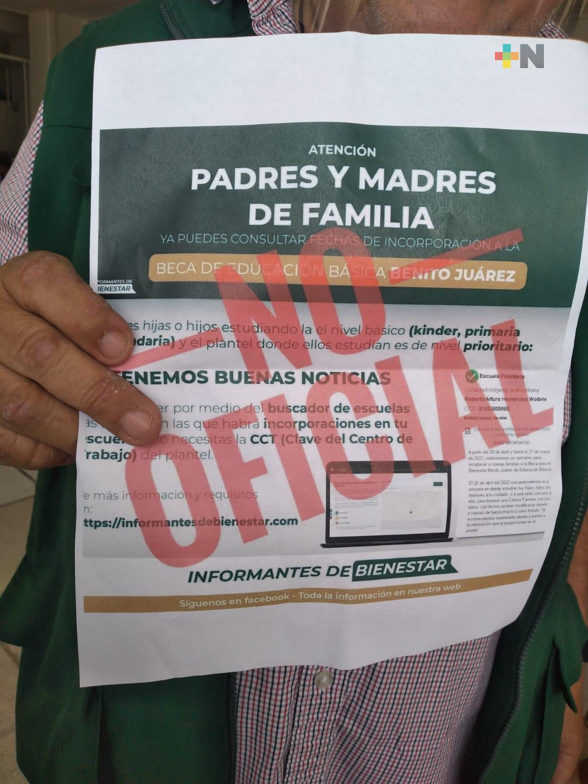 Delegación Bienestar alerta sobre falso anuncio de becas para nivel básico