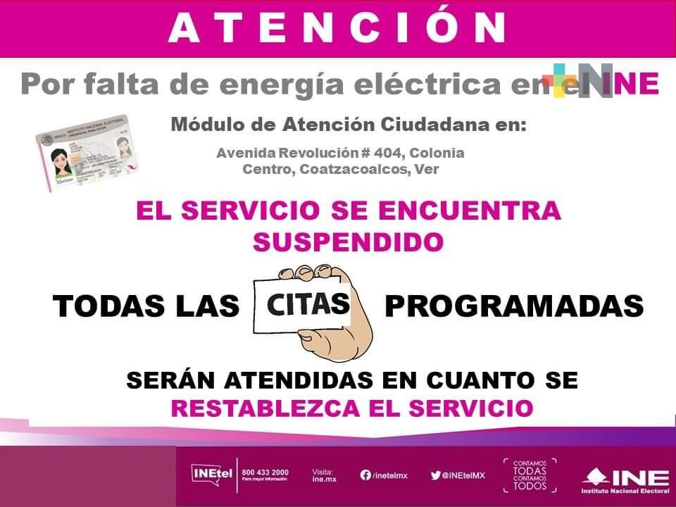 Por falta de energía eléctrica, INE Coatzacoalcos suspende servicios