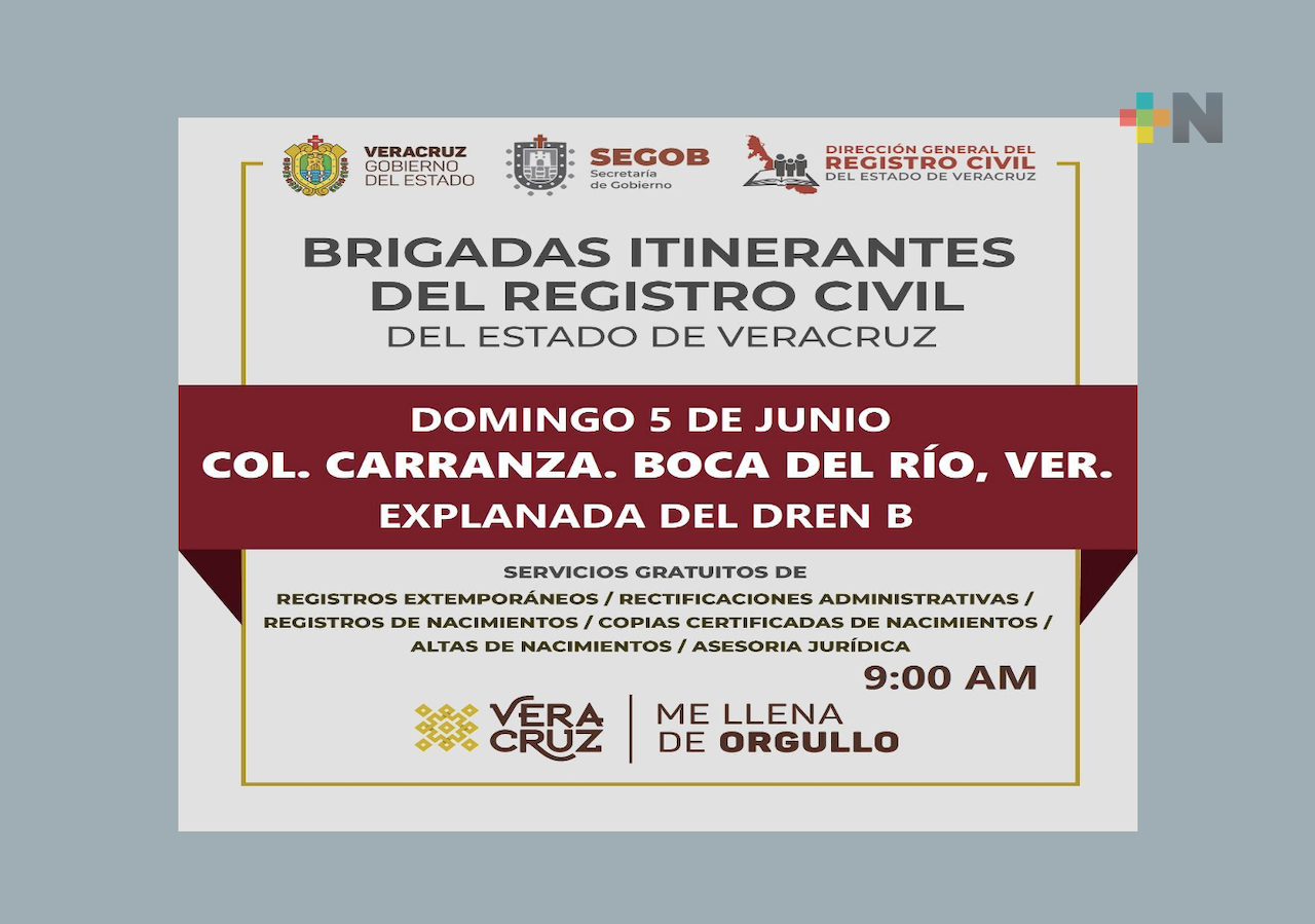 Brigada Itinerante del Registro Civil atenderá gratuitamente en Boca del Río, este domingo