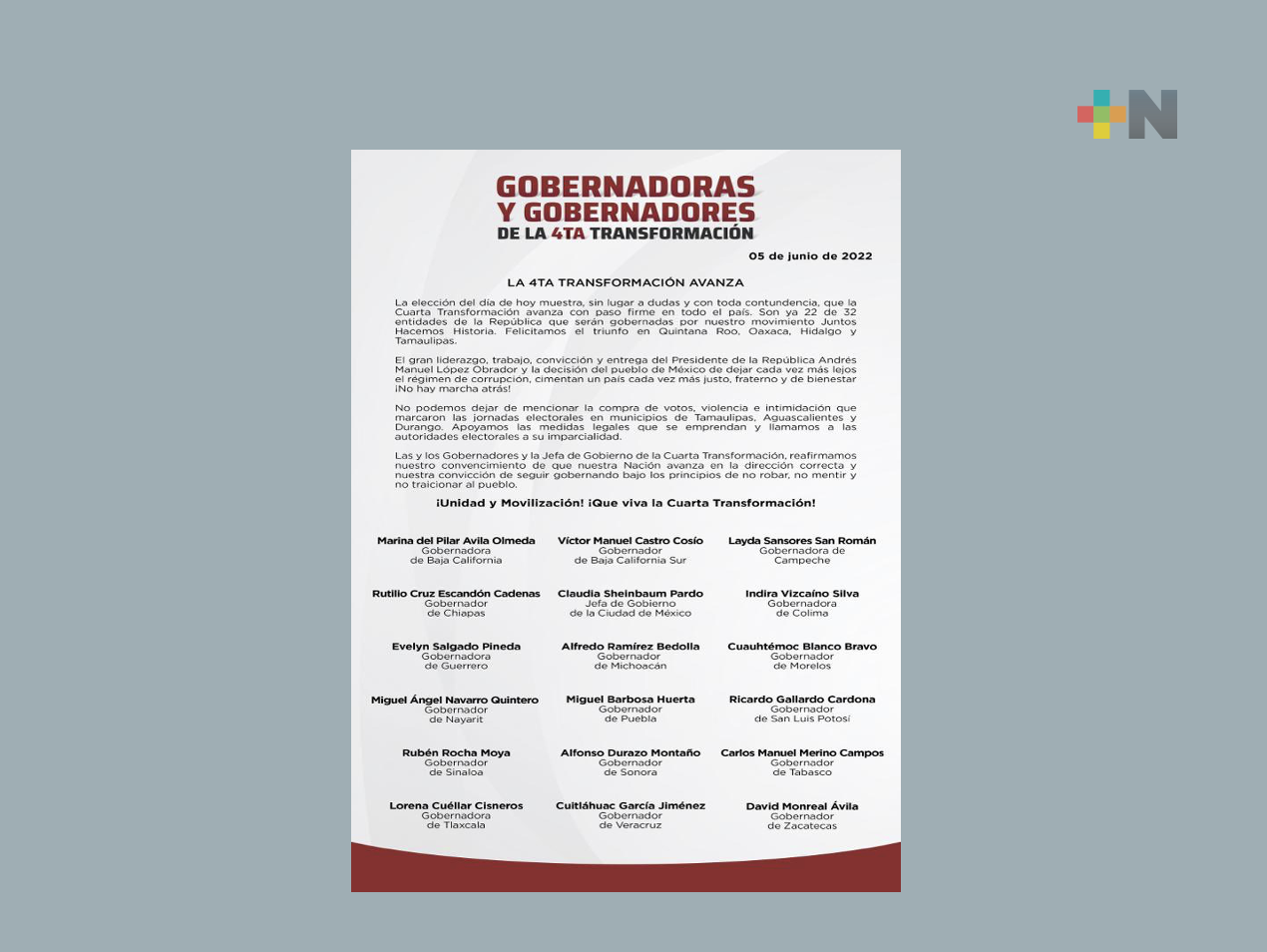 La Cuarta Transformación avanza, afirman gobernadores y gobernadoras morenistas