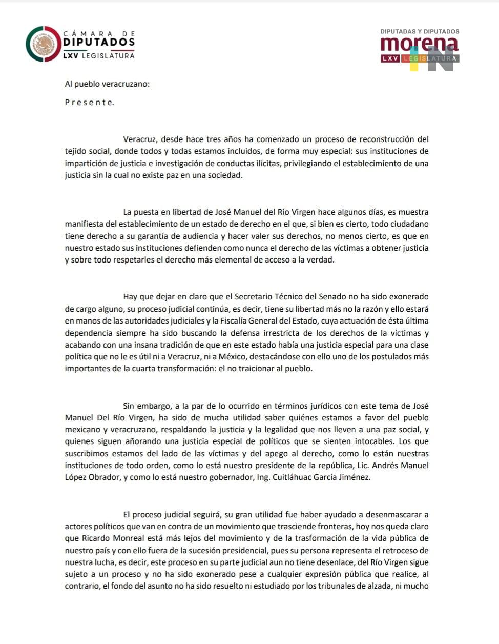 Diputados y diputadas federales respaldan a Cuitláhuac García en caso Del Río Virgen