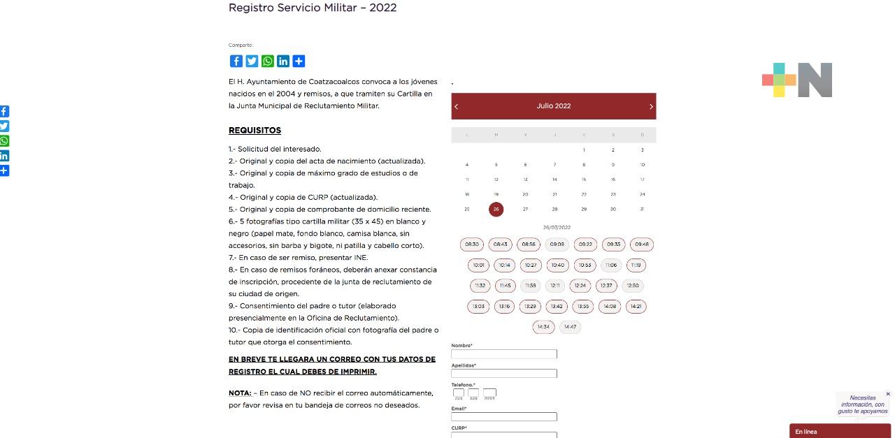 Ayuntamiento de Coatzacoalcos habilita página para agendar cita del servicio militar