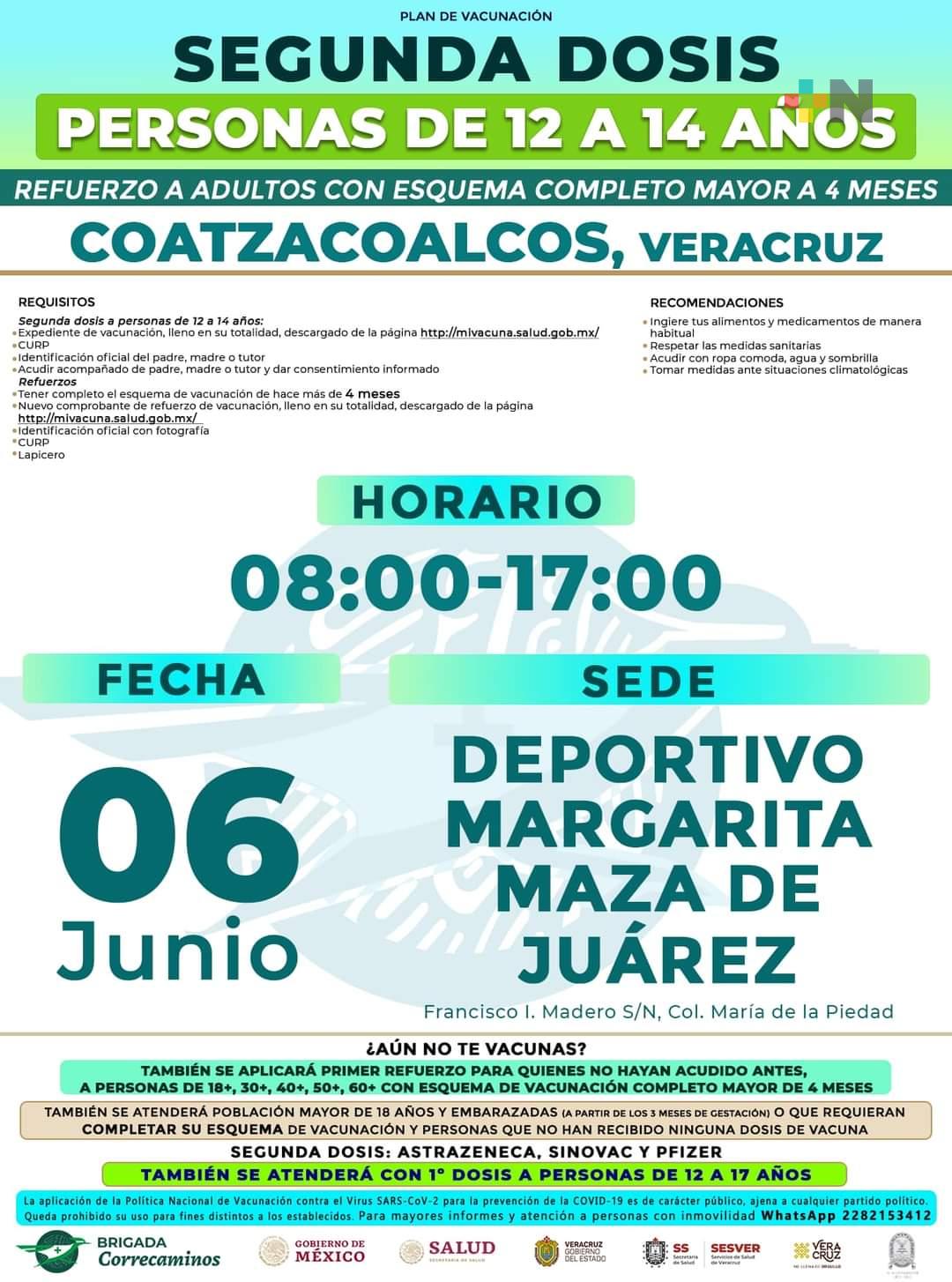 Este lunes seis de junio aplicarán segunda dosis de vacuna antiCovid a menores de 12 a 14 años en Coatzacoalcos