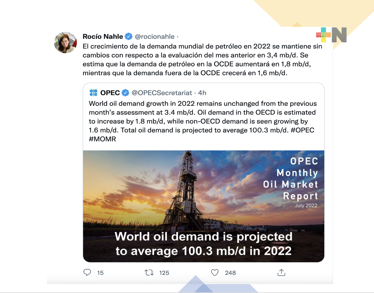 Crecimiento en demanda mundial de petróleo en 2022 se mantiene sin cambios: Rocío Nahle