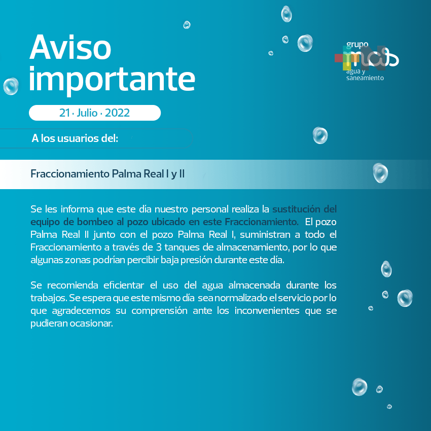 Habrá baja presión en servicio de agua en fraccionamiento Palma Real
