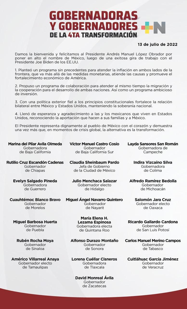 Respaldan y felicitan Gobernadores de Morena a AMLO tras su regreso de EU